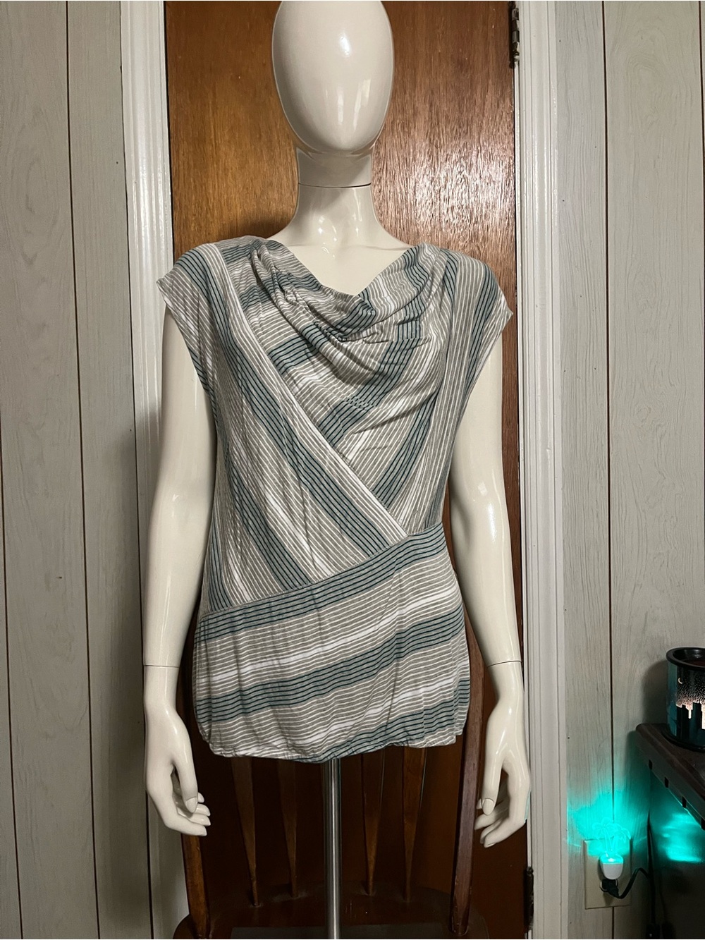 Max Studio Striped Draped Cowl Neck Top in Cream and Green